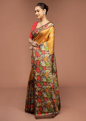 Brown Printed Pure Silk Saree Without Blouse Piece
