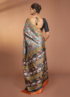 Blue Printed Pure Silk Saree Without Blouse Piece
