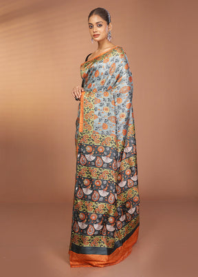 Blue Printed Pure Silk Saree Without Blouse Piece