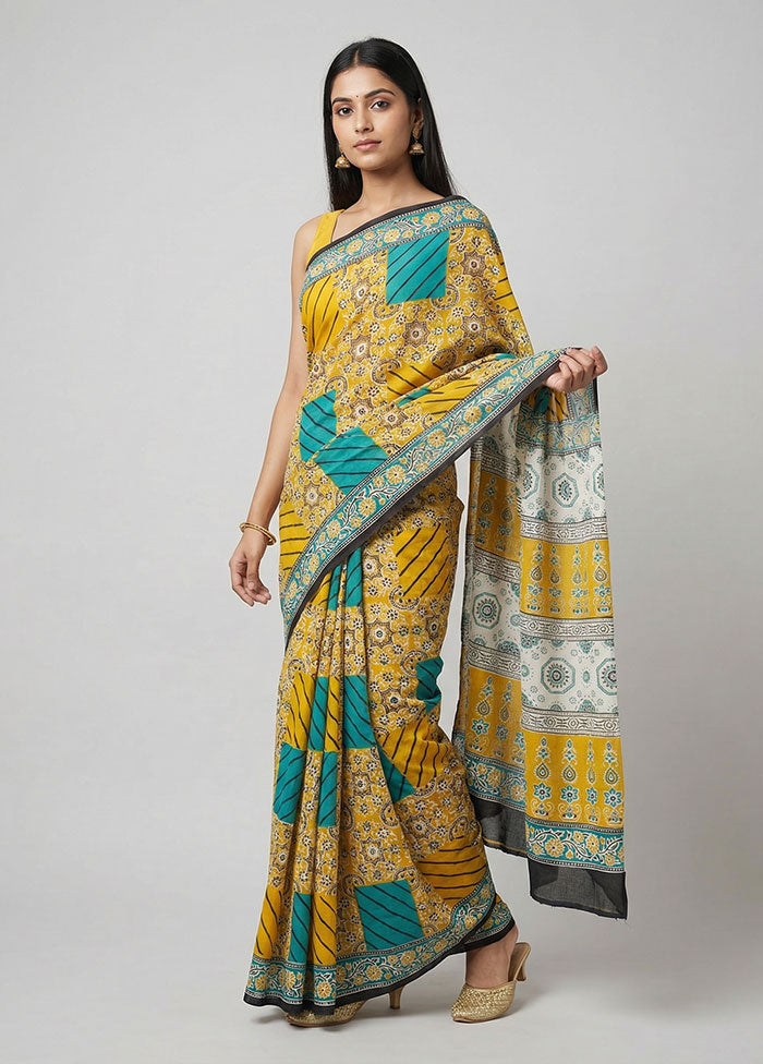 Blue Printed Silk Saree Without Blouse Piece
