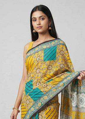 Blue Printed Silk Saree Without Blouse Piece