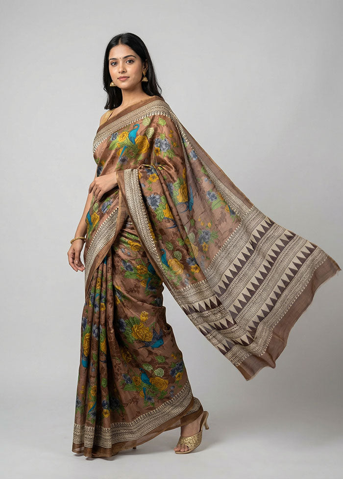 Rust Printed Silk Saree Without Blouse Piece