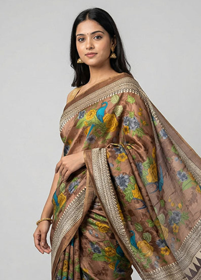 Rust Printed Silk Saree Without Blouse Piece