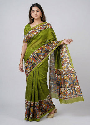 Green Printed Silk Saree Without Blouse Piece