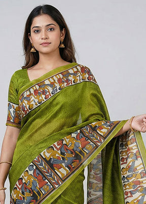 Green Printed Silk Saree Without Blouse Piece