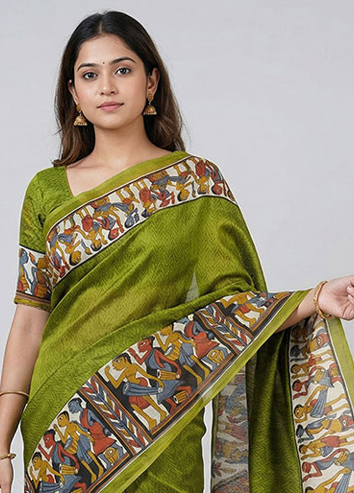 Green Printed Silk Saree Without Blouse Piece