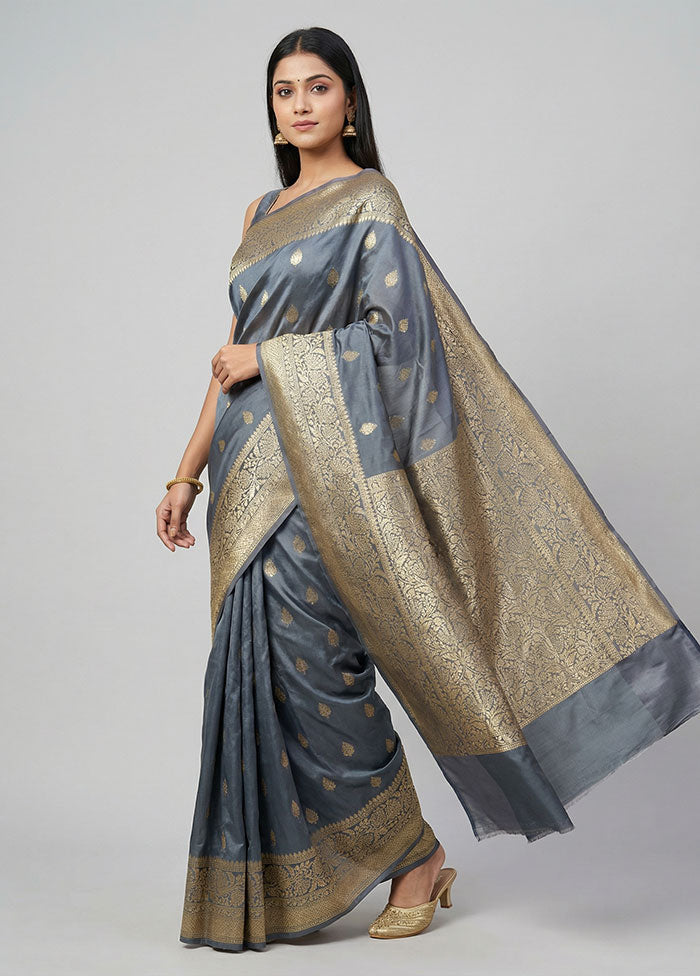 Grey Katan Silk Saree With Blouse Piece