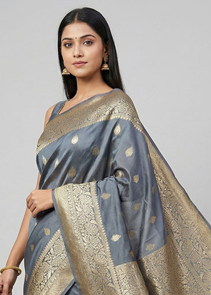 Grey Katan Silk Saree With Blouse Piece