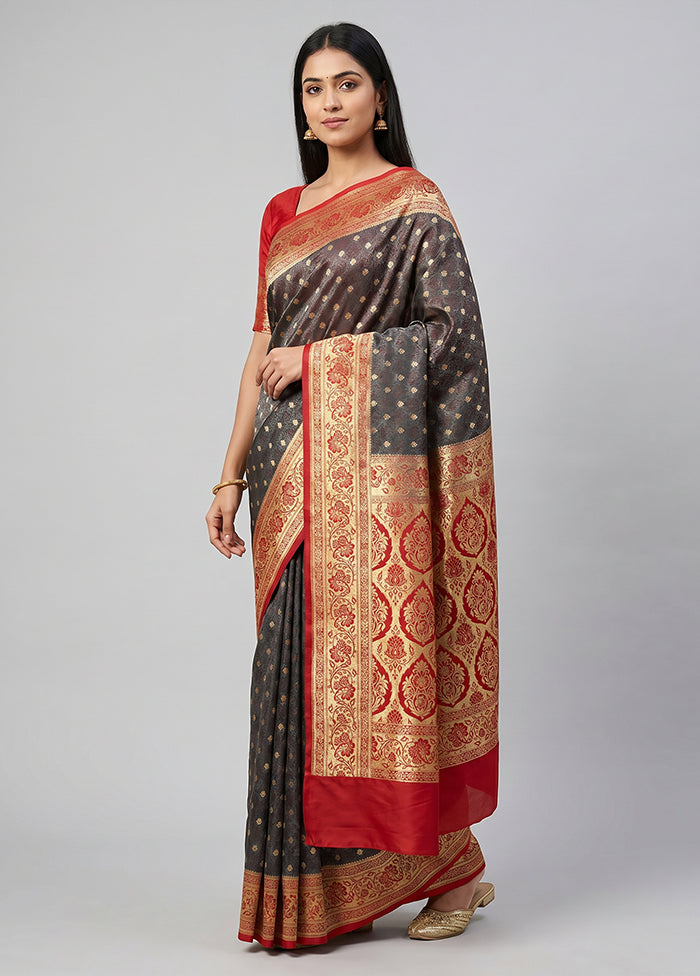 Grey Tanchoi Silk Saree With Blouse Piece