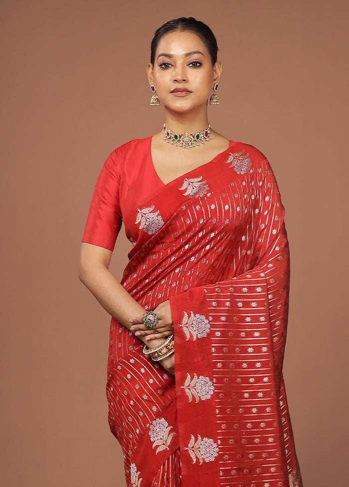 Red Dupion Silk Saree With Blouse Piece