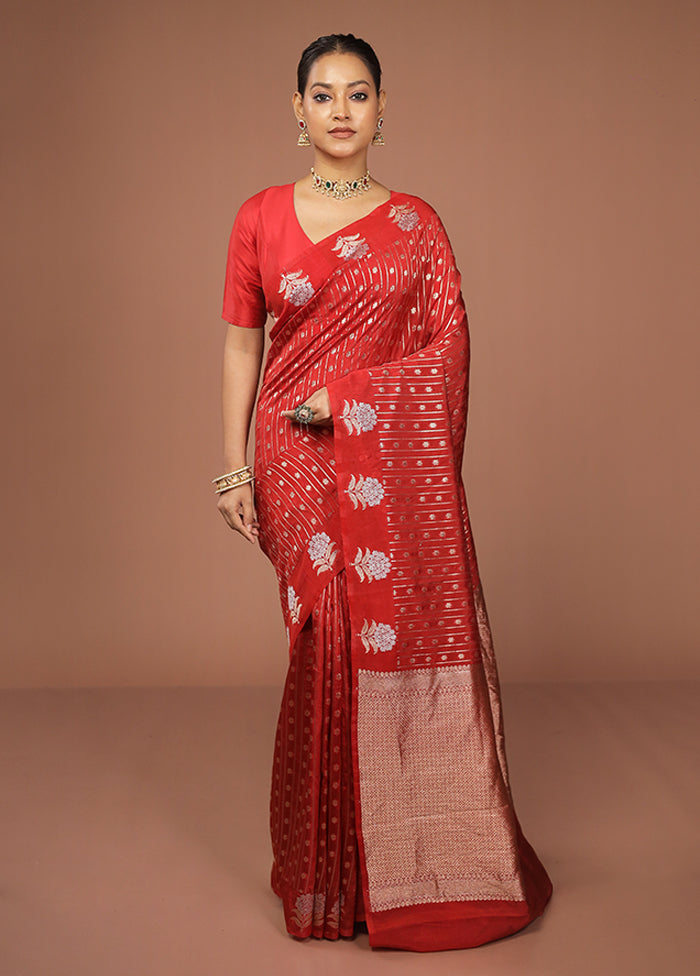 Red Dupion Silk Saree With Blouse Piece