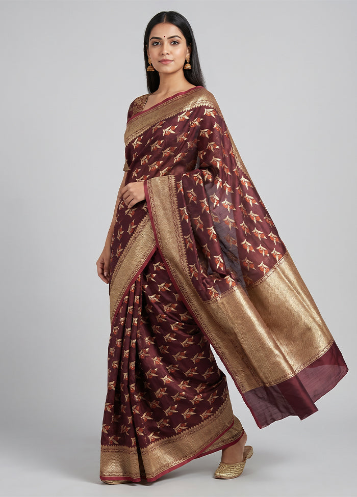 Maroon Kora Silk Saree With Blouse Piece