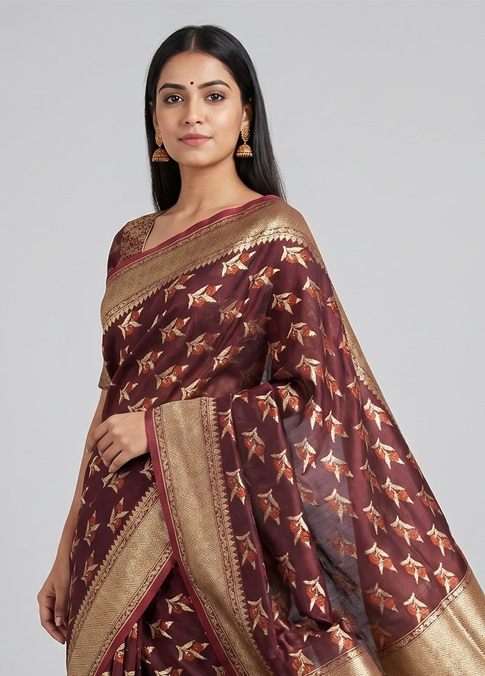 Maroon Kora Silk Saree With Blouse Piece