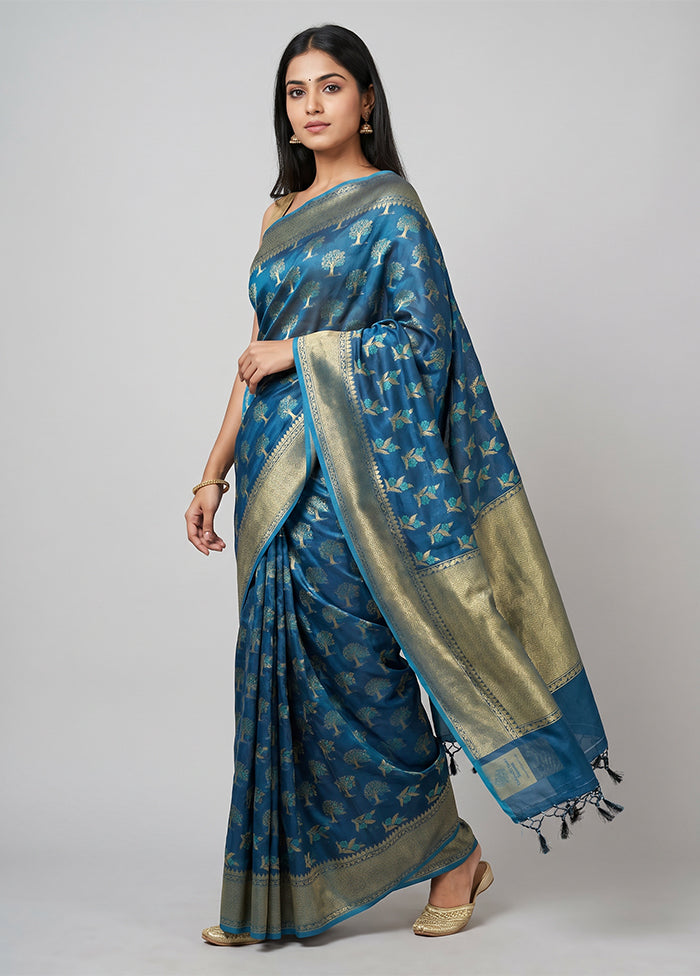 Blue Kora Silk Saree With Blouse Piece