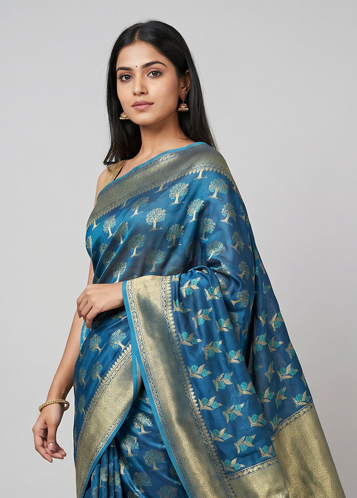 Blue Kora Silk Saree With Blouse Piece