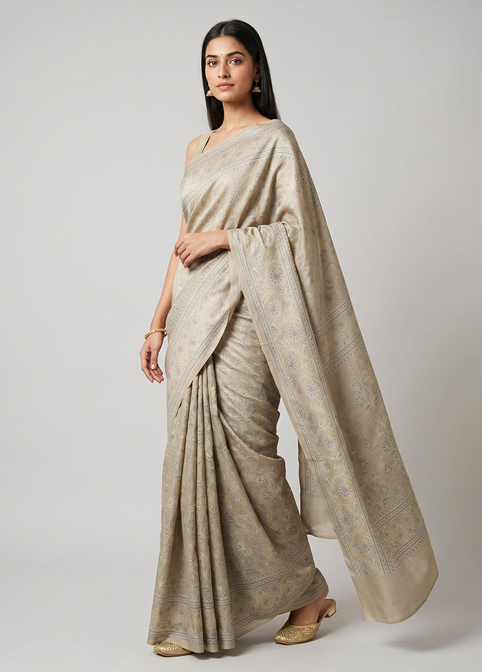 Cream Jamewar Silk Saree With Blouse Piece