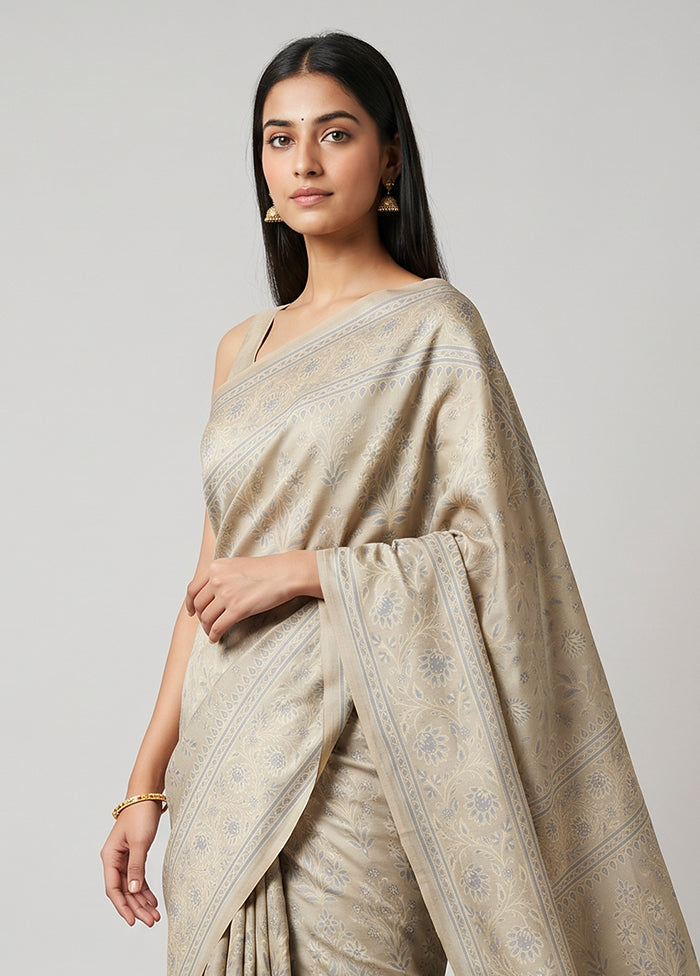 Cream Jamewar Silk Saree With Blouse Piece