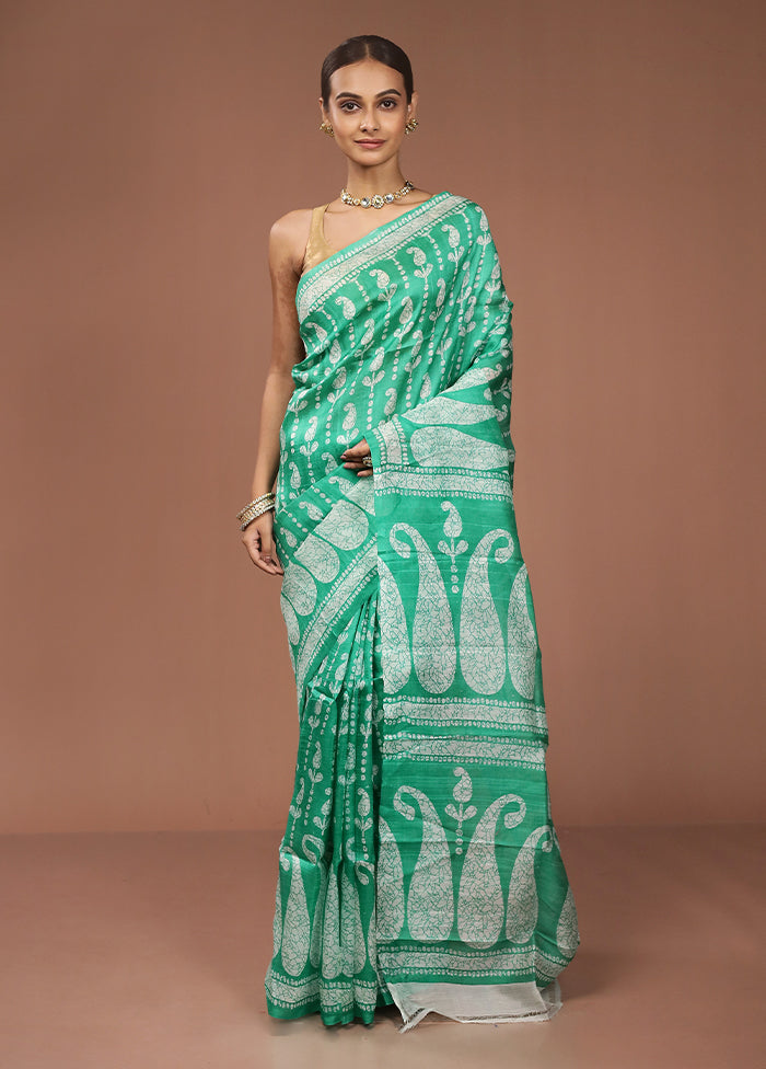 Green Printed Pure Silk Saree Without Blouse Piece
