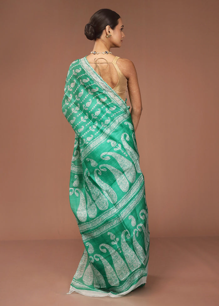 Green Printed Pure Silk Saree Without Blouse Piece
