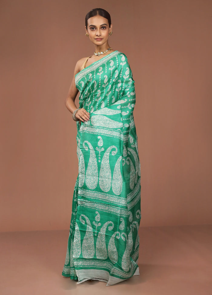 Green Printed Pure Silk Saree Without Blouse Piece