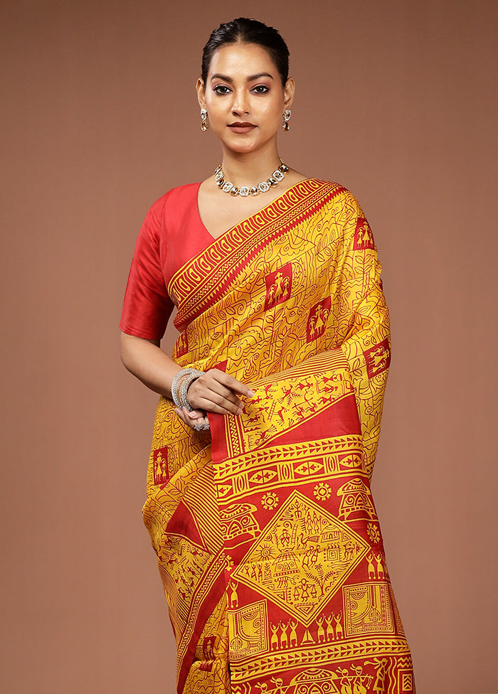 Red Printed Pure Silk Saree Without Blouse Piece