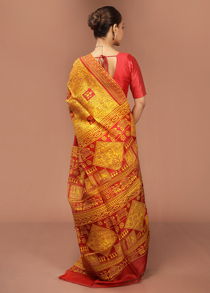 Red Printed Pure Silk Saree Without Blouse Piece