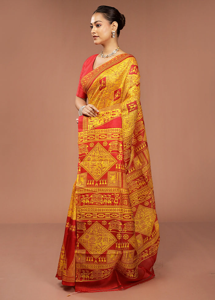 Red Printed Pure Silk Saree Without Blouse Piece