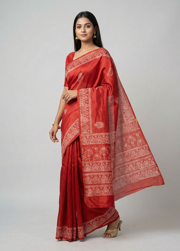 Red Printed Silk Saree Without Blouse Piece