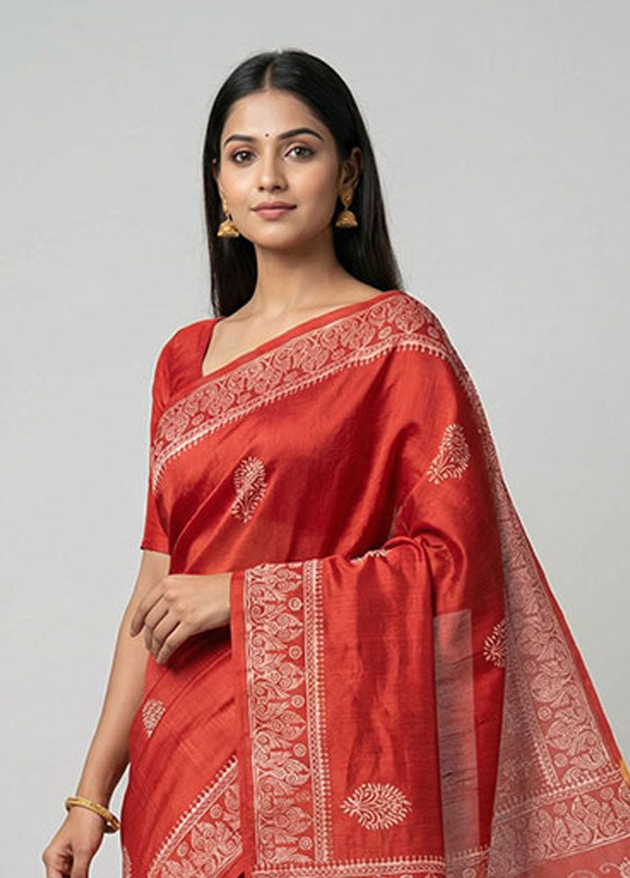 Red Printed Silk Saree Without Blouse Piece