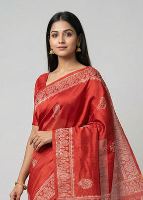 Red Printed Silk Saree Without Blouse Piece