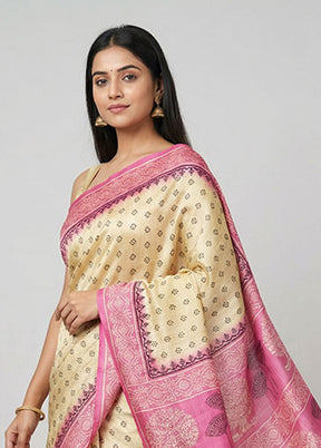 Yellow Printed Silk Saree Without Blouse Piece