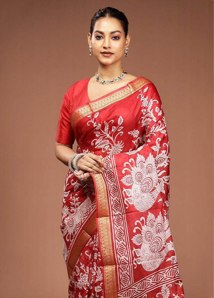 Red Printed Pure Silk Saree Without Blouse Piece