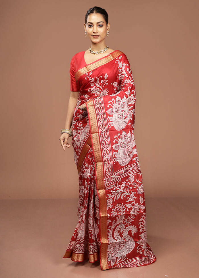 Red Printed Pure Silk Saree Without Blouse Piece