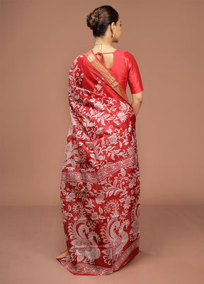 Red Printed Pure Silk Saree Without Blouse Piece