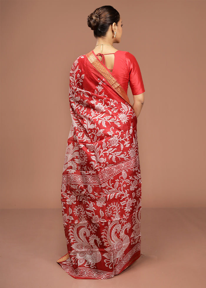 Red Printed Pure Silk Saree Without Blouse Piece