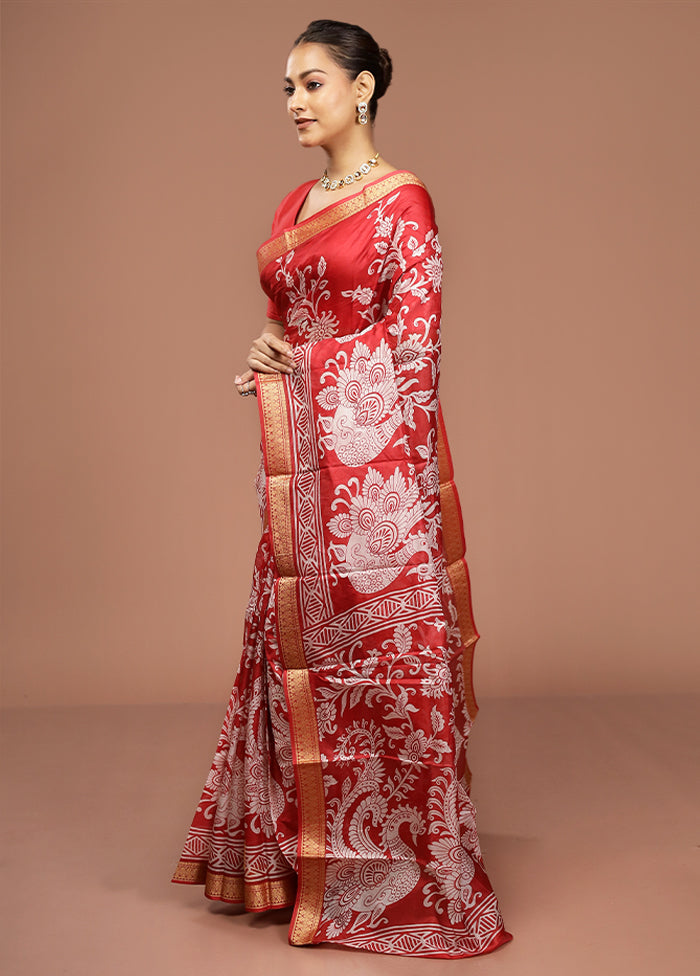 Red Printed Pure Silk Saree Without Blouse Piece