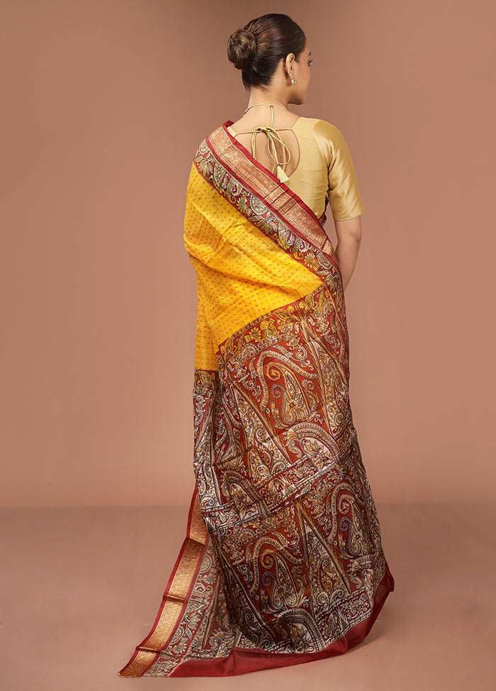 Yellow Printed Pure Silk Saree Without Blouse Piece