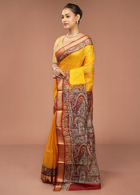 Yellow Printed Pure Silk Saree Without Blouse Piece