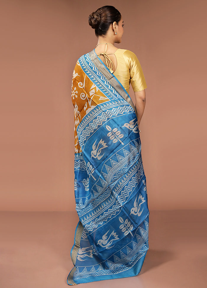 Yellow Printed Pure Silk Saree Without Blouse Piece