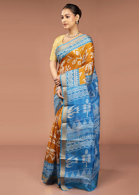 Yellow Printed Pure Silk Saree Without Blouse Piece