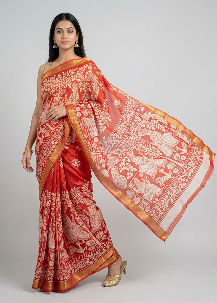 Red Printed Silk Saree Without Blouse Piece