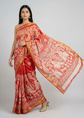 Red Printed Silk Saree Without Blouse Piece