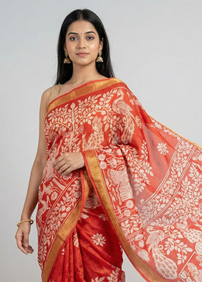 Red Printed Silk Saree Without Blouse Piece