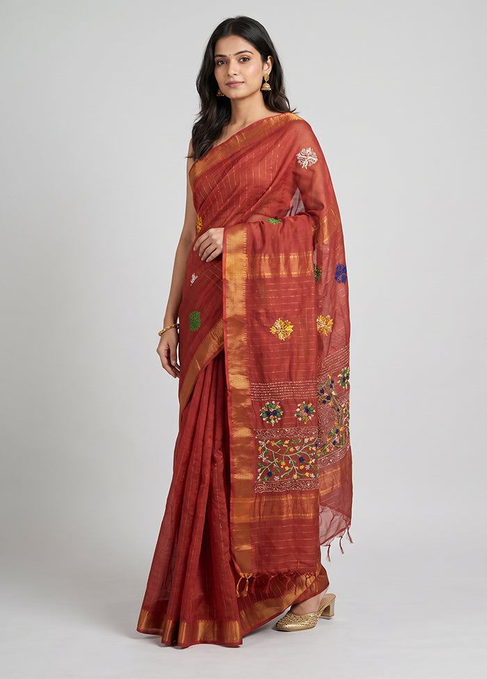 Maroon Printed Silk Saree Without Blouse Piece