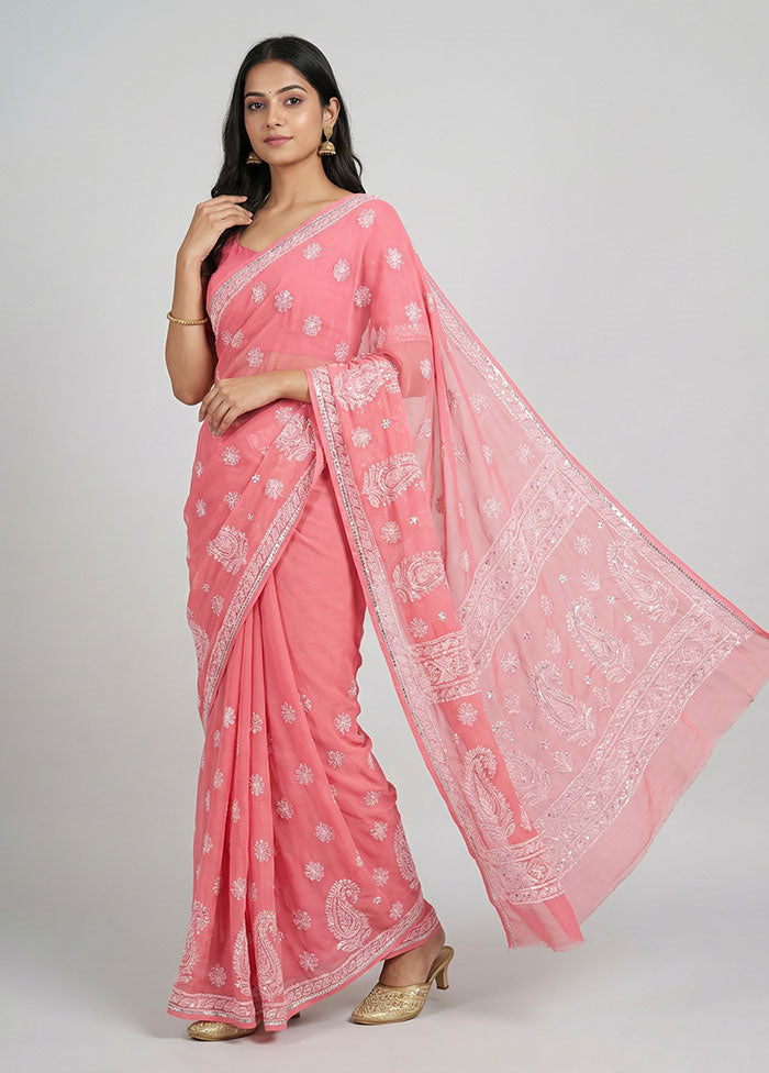 Pink Georgette Saree With Blouse Piece