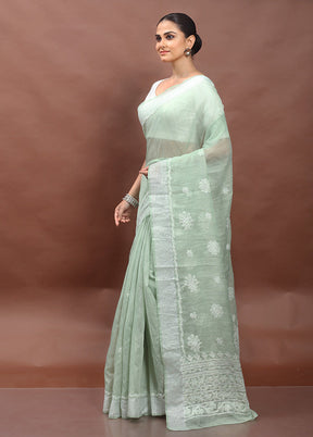 Green Chikankari Saree With Blouse Piece