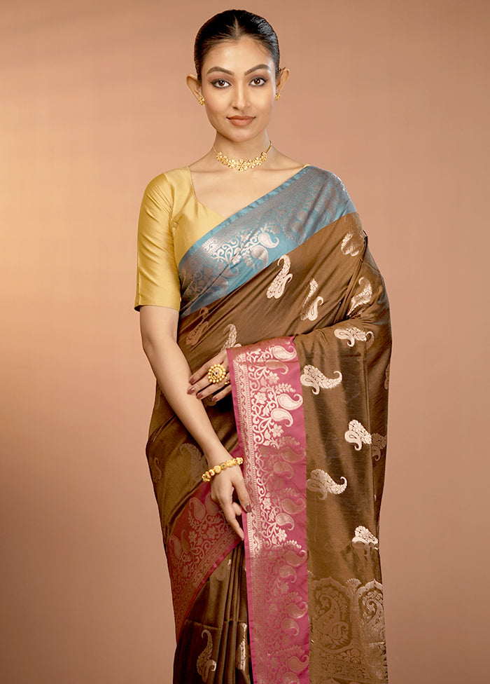 Brown Dupion Silk Saree With Blouse Piece