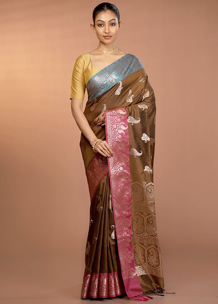 Brown Dupion Silk Saree With Blouse Piece