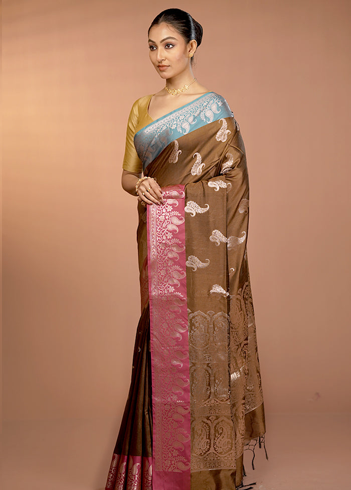 Brown Dupion Silk Saree With Blouse Piece