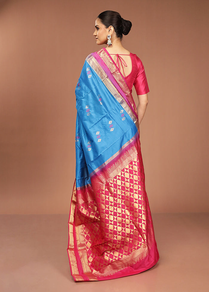 Blue Handloom Kanjivaram Pure Silk Saree With Blouse Piece